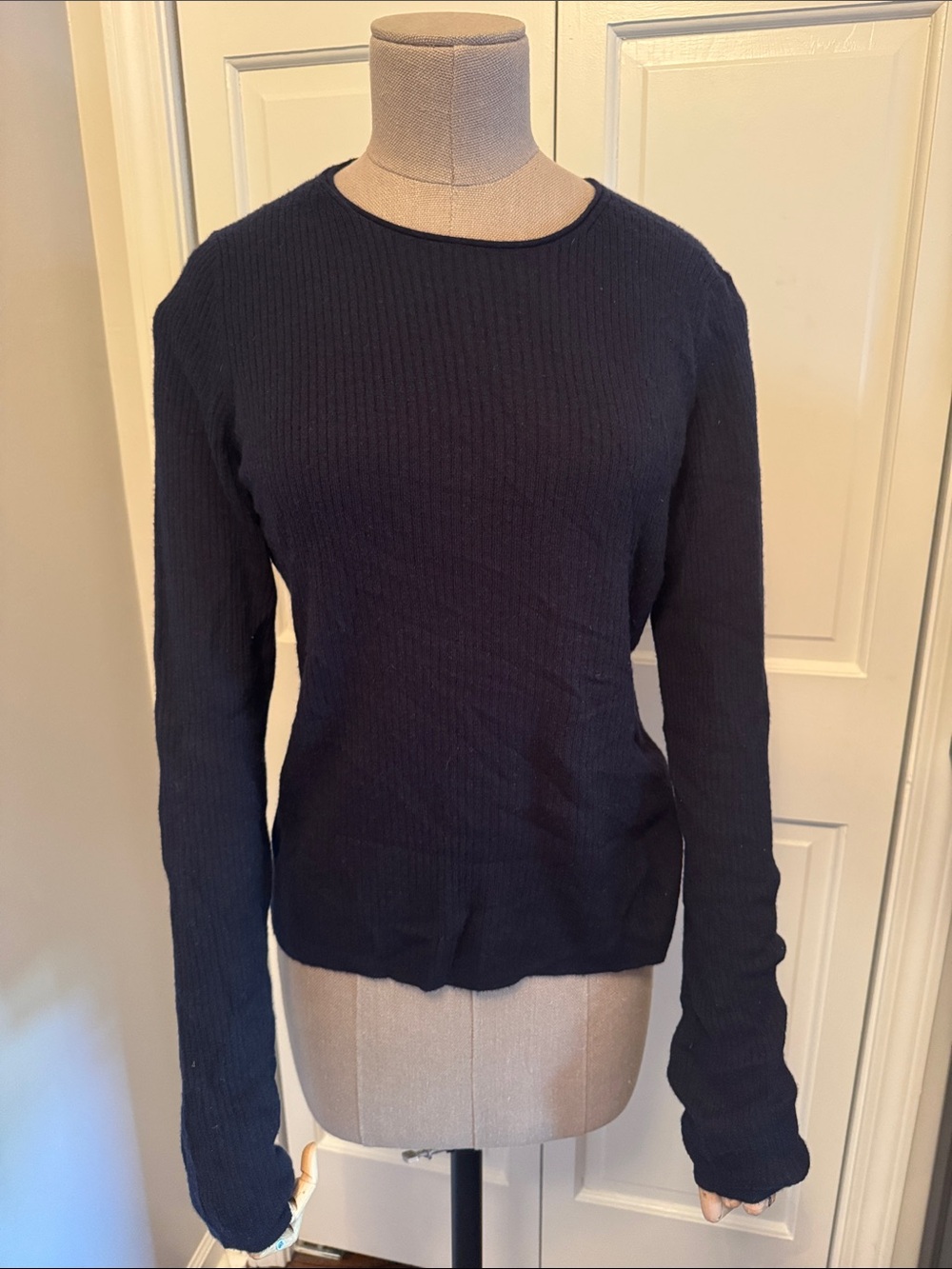 Vince Navy Ribbed Long-Sleeve Crew Top